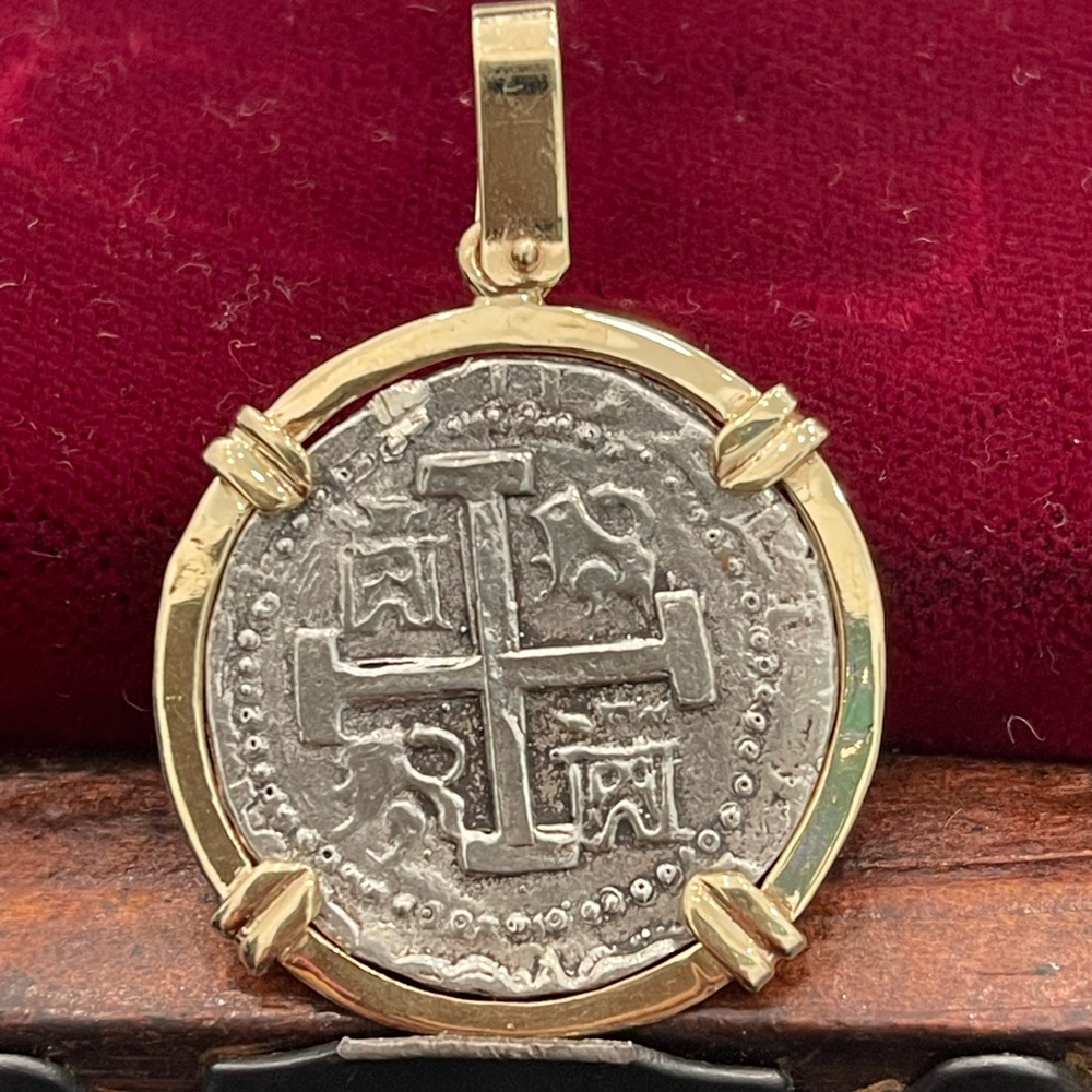 Atocha shipwreck treasure Mel fisher silver coin pendant in 14k solid gold bezel